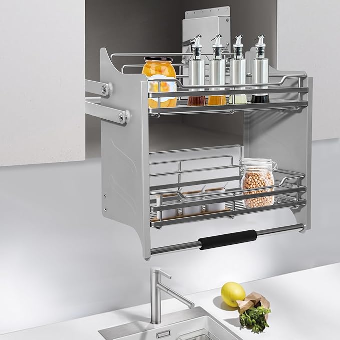 Blind Corner Cabinet Pull Out,2 Tier Kitchen Corner Cabinet Pull-Down,Pull-Down Dish Rack with 4-Speed Adjustable Rebound Force,Pull-Out Home Organizers