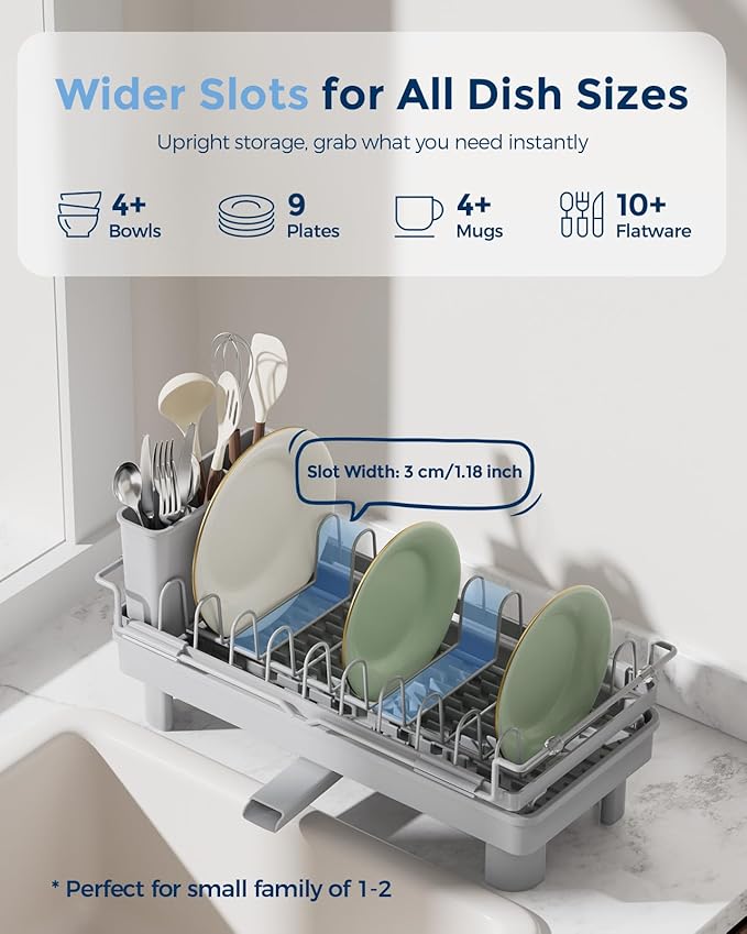 Nacial Small Dish Drying Rack with Utensil Holder, Expandable Dish Rack Over Sink with Auto-Drain Tray, Compact Dish Drainer for Kitchen Counter, Stainless Steel Dish Rack Fits 14''–21.8'' Sink, Gris