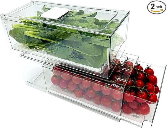 Femoliyes Refrigerator Organizers and Storage Drawer, Stackable Fruit Storage Containers for Fridge, Reusable Fridge Organizer fit for Kitchen Refrigerator and Restaurant Freezer (2 Drawers, Medium)