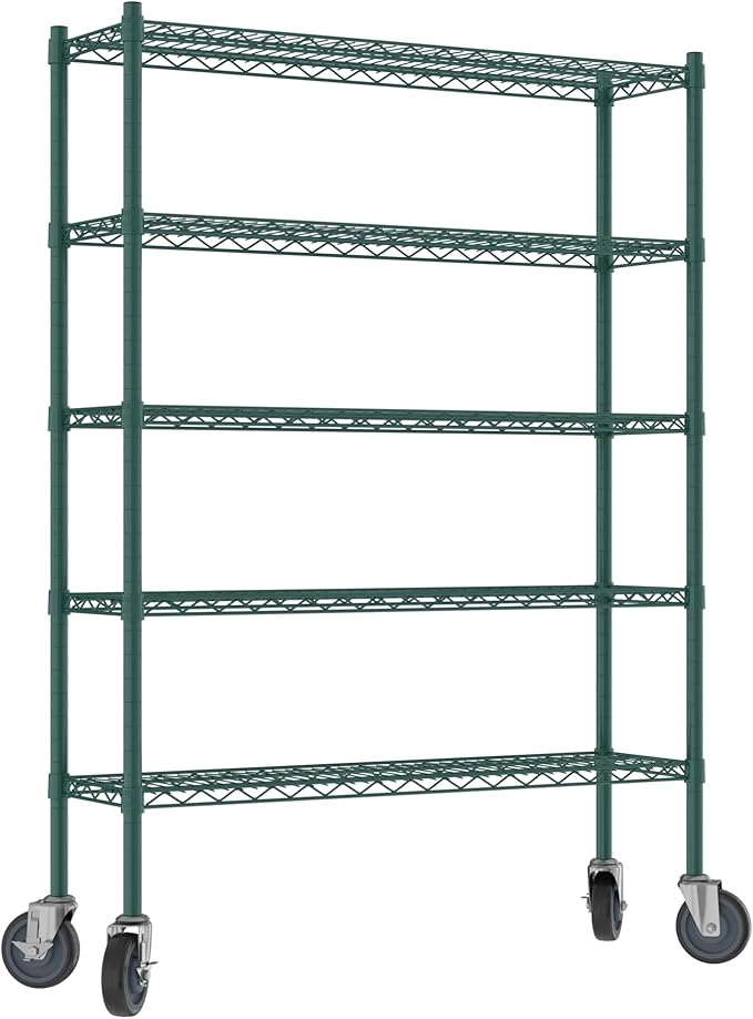 Commercial NSF Listed Green Epoxy Mobile Wire Shelving Kit 12" x 42" x 60", with 5 Shelves Perfect for Warehouse, Walk-in Refrigerator, Freezer, Grocery Store, Restaurant, Dishroom