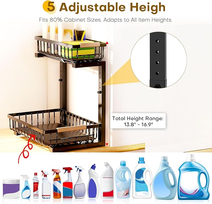 ZELOREA Under Sink Organizer, 2 Tier Pull Out Under-Sink Shelves, Adjustable Height (13.8" -16.9"), Sturdy Metal Storage Organizer for Bathroom Kitchen Pantry Cabinet (2 Packs, Black)