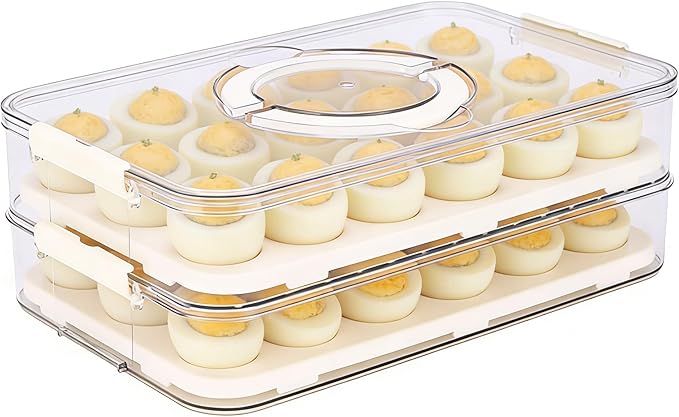2-Layer Egg Holder for Fridge with Handle,Plastic Deviled Egg Containers with Lid a nd Side Clip Layer,Deviled Egg Tray for Kitchen,Camping Egg Container with Lid Fits 20X2 Eggs(40 Eggs)( Clear)