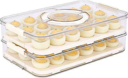 2-Layer Egg Holder for Fridge with Handle,Plastic Deviled Egg Containers with Lid a nd Side Clip Layer,Deviled Egg Tray for Kitchen,Camping Egg Container with Lid Fits 20X2 Eggs(40 Eggs)( Clear)