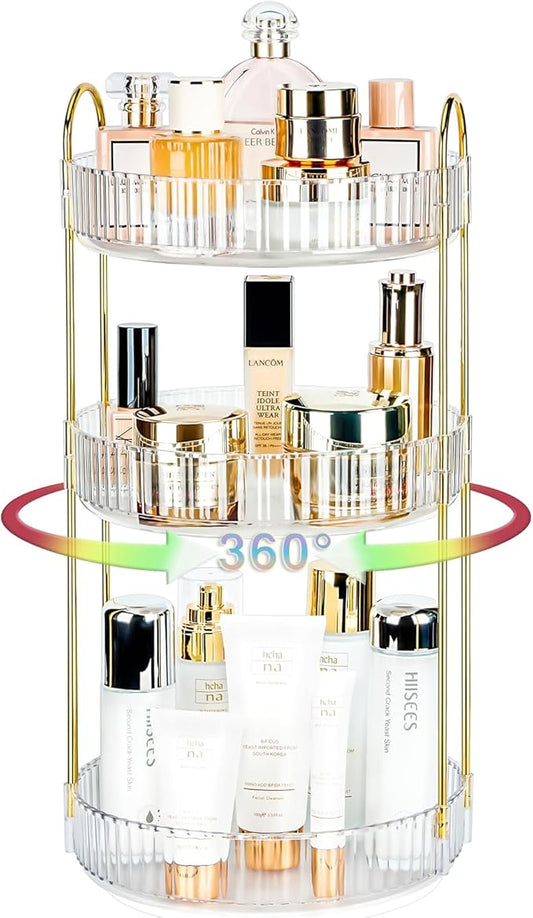 360 Rotating Makeup Organizer - Large Capacity Spinning Perfume & Cosmetic Skincare Holder for Countertop (Pearl White, 3 Tier)