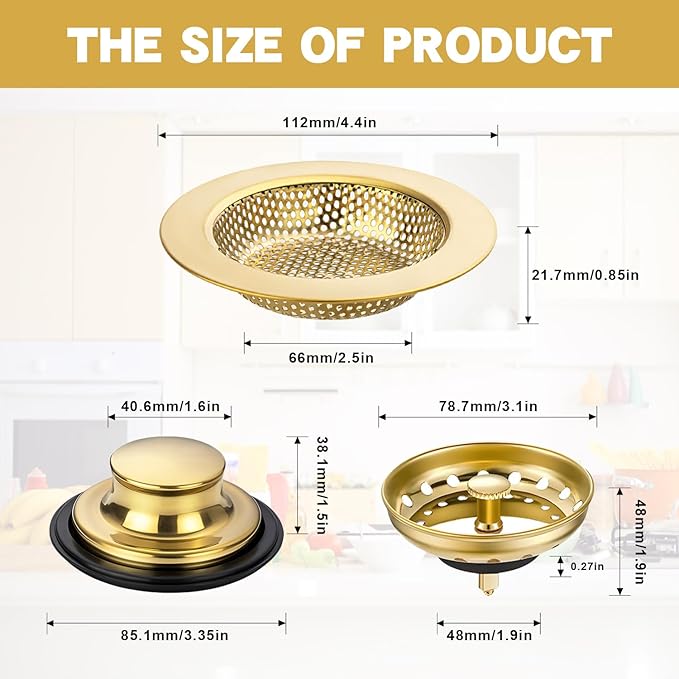 RQYEKDO 3-Pack Kitchen Sink Drain Strainer Stopper Set, Universal Anti-Clogging Stainless Steel Garbage Disposal Plug with Handle, Perforated Basket Filter Sieve for Standard 3.5" Drains (Gold)