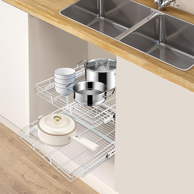 2 Tier Pull Out Cabinet Organizer 24 "W X 22 "D, Double Wire Basket Sliding Shelf, Pull Out Drawer for Kitchen Cabinets, Base Cabinet Organization for Kitchen, Bathroom, Pantry, Chrome (Silver)