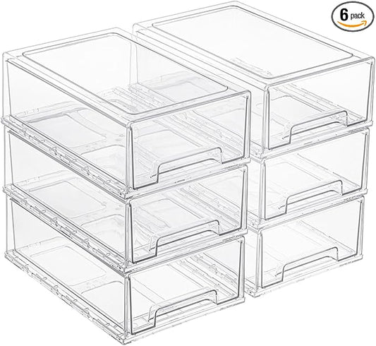 6 Pack Stackable Pull-Out Storage Drawers,Plastic Clear Organizer Bins with Handles,Easily Clean for Craft,and Toy Organization,Kitchen,Undersink,Cabinet,Fridge,Closet,Pantry,Office,Bathroom
