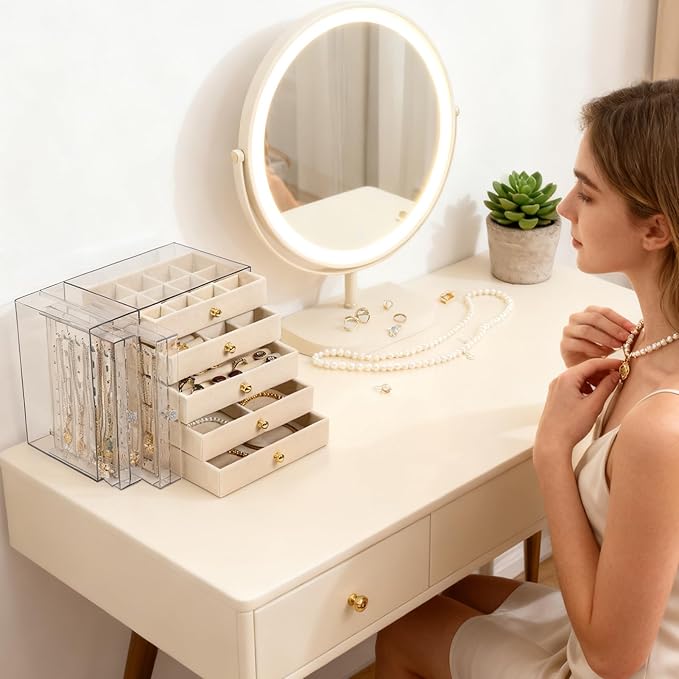 Greenfeather Jewelry Organizer with 7 Removable Drawers, Clear Acrylic Jewelry Box with 16 Necklace Hooks, 48 Pairs of Earring Holes, 5 Velvet-Lined Drawers for Rings, Bracelets, Necklaces,Off-White