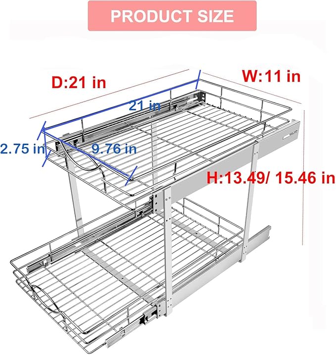Pull Out Cabinet Organizer 11" W x 21" D 2-Tier Individual Slide Out Drawer Pantry Shelf Storage for Kitchen Base Cabinet Organization for Kitchen, Bathroom, Pantry, Chrome