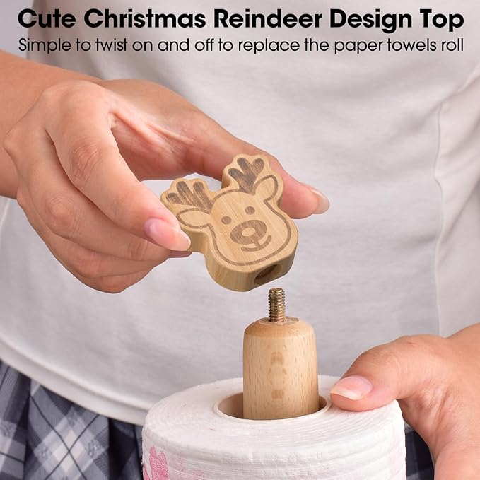 KitchLife Cute Wooden Paper Towel Holder Countertop - Solid Freestanding Paper Towel Dispenser Stand Organizer with Anti-Skid Base (Christmas Reindeer Style)