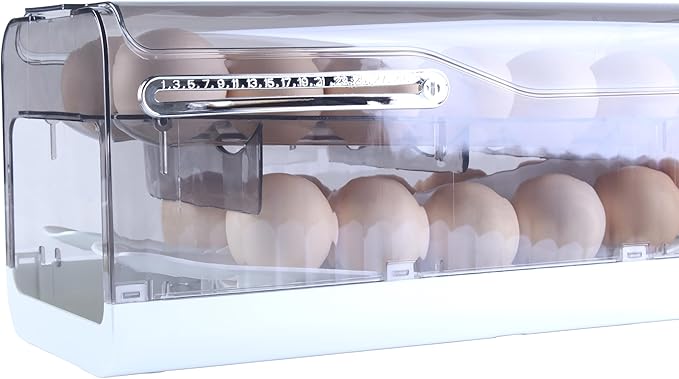 Sansam Egg Holder for Fridge, Automatic Rolling Egg Organizer for Refrigerator, Plastic Egg Container & Tray, Stackable Dispenser and Storage Bin with Sturdy Lid to Saving Space (Grey)