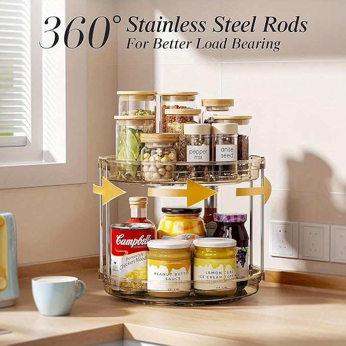 2 Tier Lazy Susan Organizer, 9.25'' Spice Rack for Cabinet, Stackable Turntable Organizer Rotating Makeup Organization for Kitchen Countertop, Pantry, Bathroom, 1PC ﻿