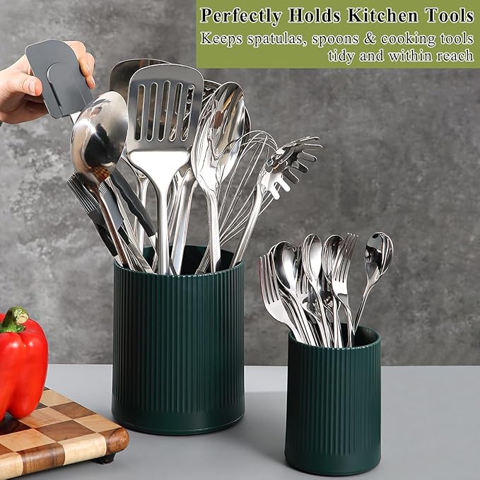 HOMQUEN 360° Rotating Utensil Holder, 6.3''+4.7'' Plastic Kitchen Utensil Holder for Countertop, Large Cooking Utensil Crocks for Kitchen Decor, Utensil Organizer for Spatula, Set of 2 (Green)