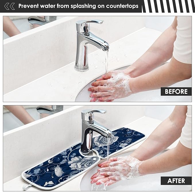 2 PCS Kitchen Sink Splash Guard 14.9 Inch Faucet Mat for Kitchen Sink Bathroom Sink Faucet Absorbing Drip Drain Mat Pad Microfiber Soft Washable Navy Blue Roses and Butterflies