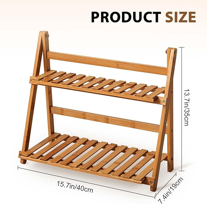 Matcha Station Shelf,15.7'' Coffee Station Organizer, 2 Tiers Bamboo Mug Holder Countertop,Desktop Flower Pot Rack for Home Living Room Window Sill Foldable Display Storage Shelf (Brown)