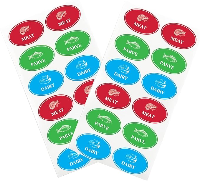 Assorted Kosher Labels, Blue Dairy, Red Meat, Green Parve Stickers, Oven Proof up to 500°, Microwavable, Dishwasher Safe, English, Color Coded Kosher Kitchen Tools (Oval Design, 96-Pack)