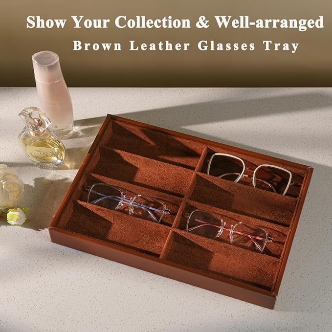 Glasses Holder Box Drawer Sunglass Organizer for Men Clear Wide Storage Case 8 Slots Multiple Reading Glasses Display, Brown Leather