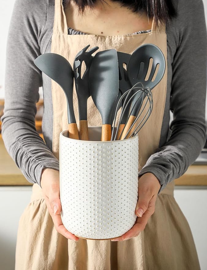 Ceramic Utensil Holder with Cork Mat for Countertop, Utensil Crocks, Kitchen Tool Holder, Cooking Utensil Holder Organizer for Spatula, White