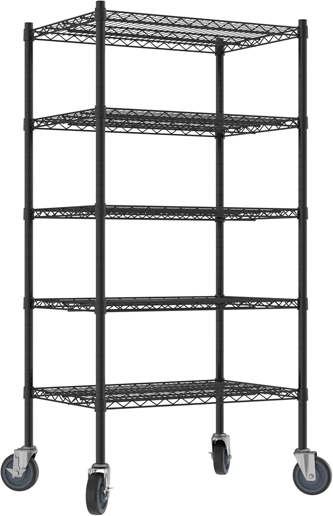 Commercial NSF Listed Black Epoxy Mobile Wire Shelving Kit 21" x 30" x 60", with 5 Shelves Perfect for Warehouse, Walk-in Refrigerator, Freezer, Grocery Store, Restaurant, Dishroom