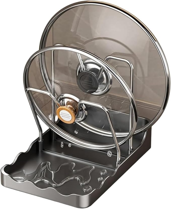 Kitchen Pot Lid Storage Rack, Pot Lid Holder With Tray, Lid Holder While Cooking, Lid And Spoon Rest, Multifunctional Kitchen Organizer Stand for Stove Top (Gray)