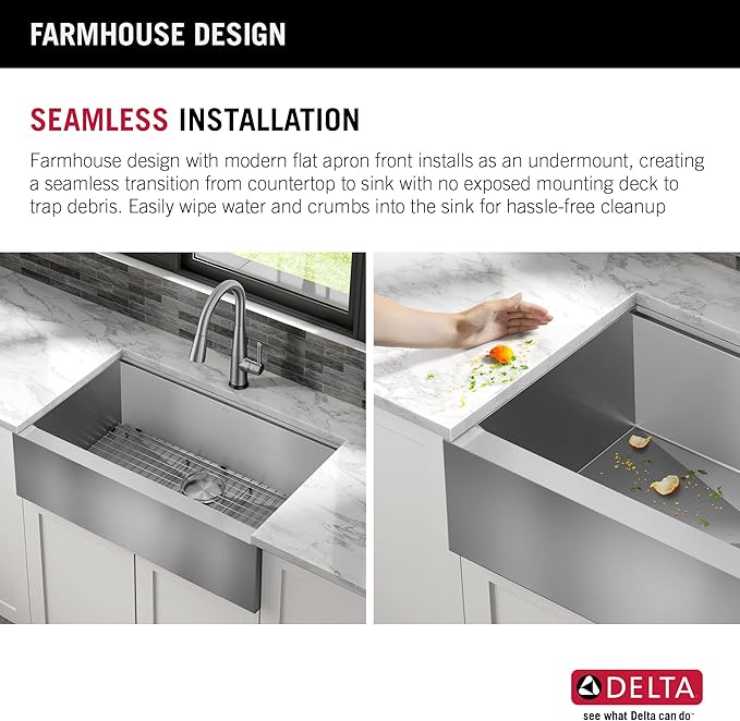 DELTA FAUCET Rivet 33-inch Workstation Farmhouse Apron Front Kitchen Sink Undermount 16 Gauge Stainless Steel Single Bowl with WorkFlow Ledge and Kit of 5 Accessories, 95C9031-33S-SS