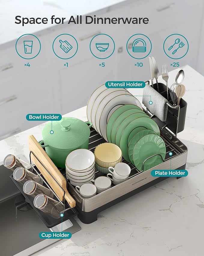 SONGMICS Dish Drying Rack, Premium Stainless Steel Dish Rack with Rotatable Spout, Fingerprint-Resistant Dish Drainers for Kitchen Counter, 12.5 x 22.5 in, Silver and Black UKCS030B01