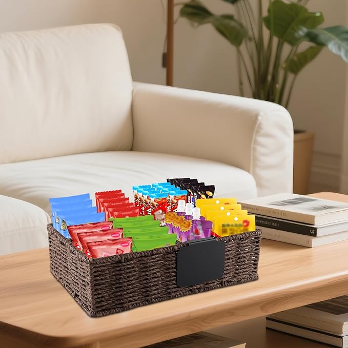 Snack Bar Station Organizer,Pantry Organizers and Storage Bins,Hand-Woven Snack Basket for Countertop with 4 Compartments,Snack Display Box for Candy,Drink Packet,Chips,Spice Organizer