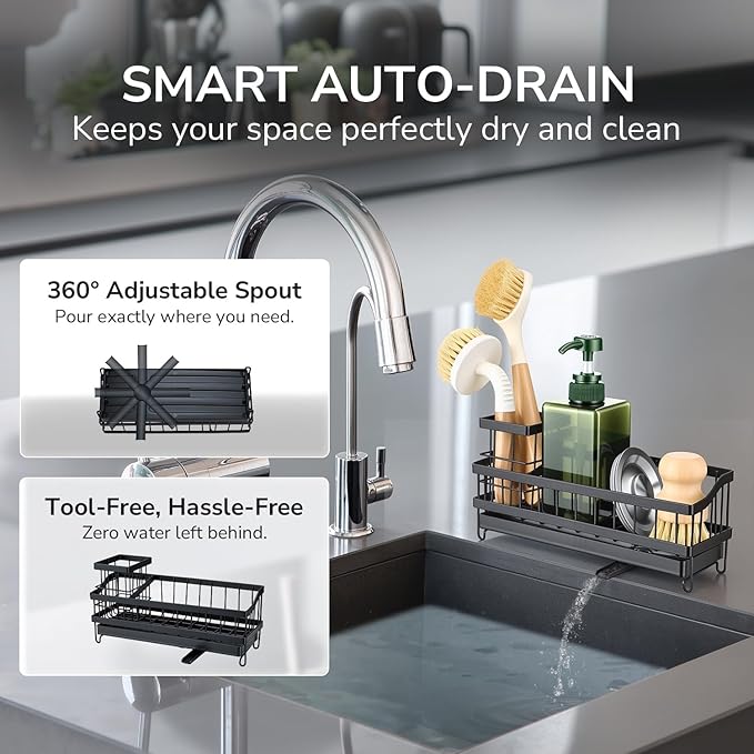 Sink Caddy & Organizer with 360° Rotating Drain, Countertop Holder for Sponges, Dishwashing Liquid, Long Handle Scrubber Compartment - Black