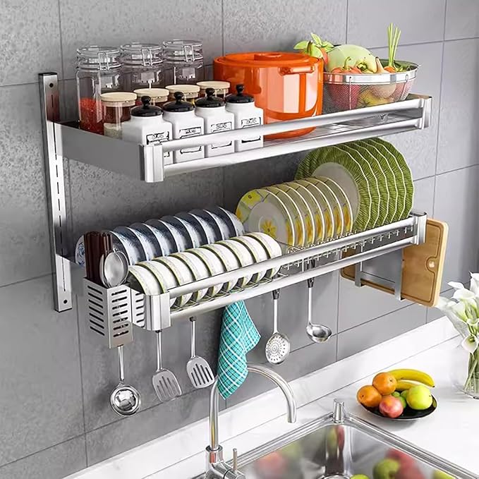 Wall Mounted Kitchen Dish Organizer Rack, 2 Tier Hanging Dish Drying Rack Over Sink, Adjustable Height Bowl Holder, Stainless Steel Storage Shelf for Kitchen Counter (60x30x50 cm / 23.6x11.8x19.7 in)
