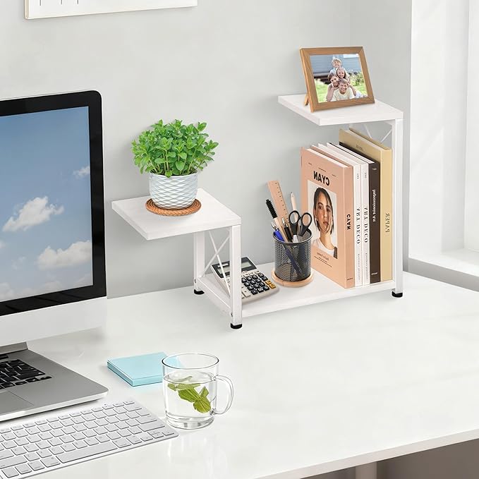 Desk Shelf Organizer, 3 Tier Storage Shelf Riser Display Stand, Wood Desktop Organizer Small Bookshelf, Desktop Shelf for Office Decor and Desk Accessories, White
