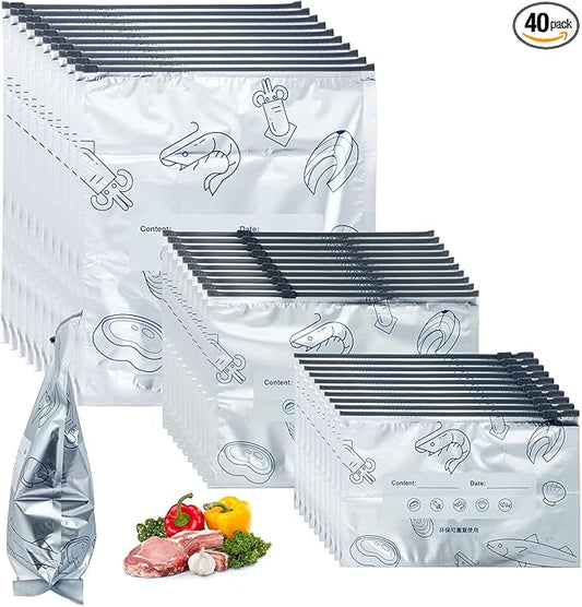 Reusable Aluminum Foil Sealable Storage Bags, Freezer Bags for Food, Reusable Freezer Storage Bags with Vacuum Zipper for Vegetable Fruit Meat (40PCS，3 Size)