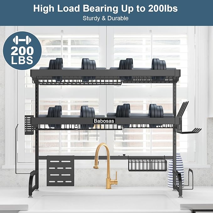 Over The Sink Dish Drying Rack,3 Tier Adjustable Length (25.5'' to 37.4'') Full Stainless Steel Large Storage Kitchen Dish Rack,For Kitchen Counter,Expandable Multifunctional Organizers,Black