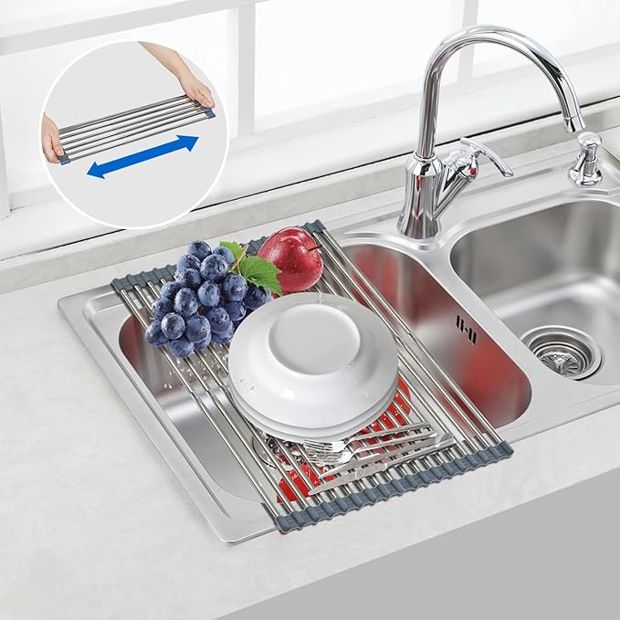 Expandable Large Roll Up Dish Drying Rack 18 Tube 21.25x12.79''Collapsible Over The Sink Rack Non-Slip Silicone Rolling Dish Drainer Stainless Steel Roll Rack for Kitchen Sink Counter (Gray)