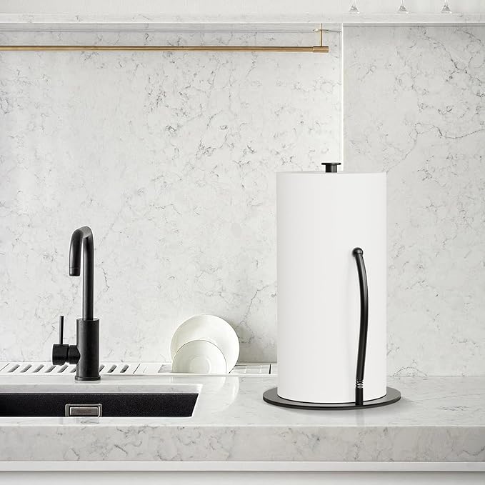 VEHHE Paper Towel Holder Countertop with Spring Arm, EVA Non-Slip Base, Freestanding Paper Towel Holder for Kitchen Bathroom (Black)