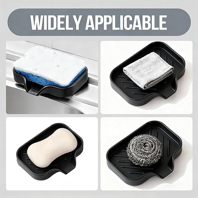Sponge Holder with Drain Spout, 4.7" x 3.6" Bathroom and Kitchen Sink Organizer, Dish Soap Tray for Sponges, Scrubbers, Dispensers, Dish Brushes, Spoons & Other Sink Items, Dishwasher Safe (Black)