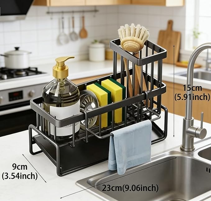 Sink Caddy Organizer - Stainless Steel Sponge Holder for Kitchen Sink with Brush Holder, Automatic Self-Draining Tray, Rustproof Compact Sink Organization for Countertop, 2-in-1 Design.