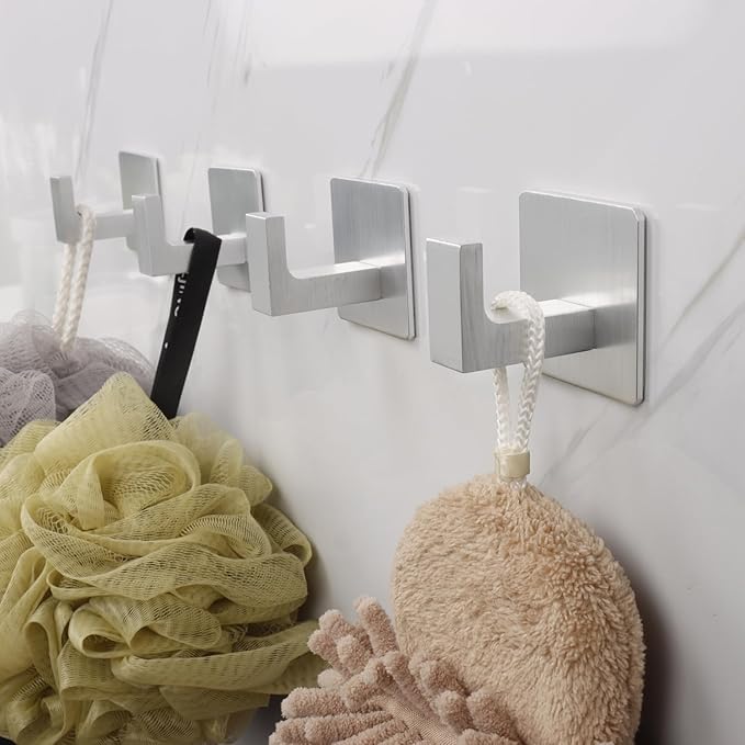 Vanloory Bathroom Towel Hooks, 2 Pack Self Adhesive Square Coat Hooks, Sturdy No Drilling Robe Hook, Heavy Duty Aluminum Clothes Hanger, Wall Hooks for Bathroom Bedroom Kitchen (Sliver, 2 Inch)
