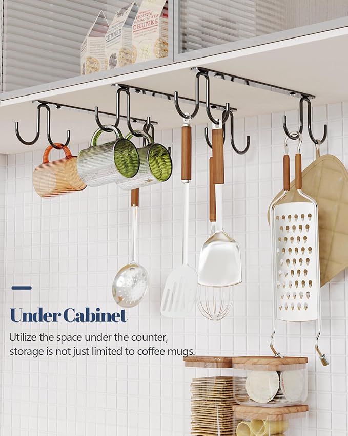 Mug Hooks Under Cabinet 3 Pack, Metal Cup Hooks for Hanging Under Shelf, Mug Organizer Rack with 12 Hooks for Displaying Mugs, Coffee Cups and Kitchen Utensils, Black