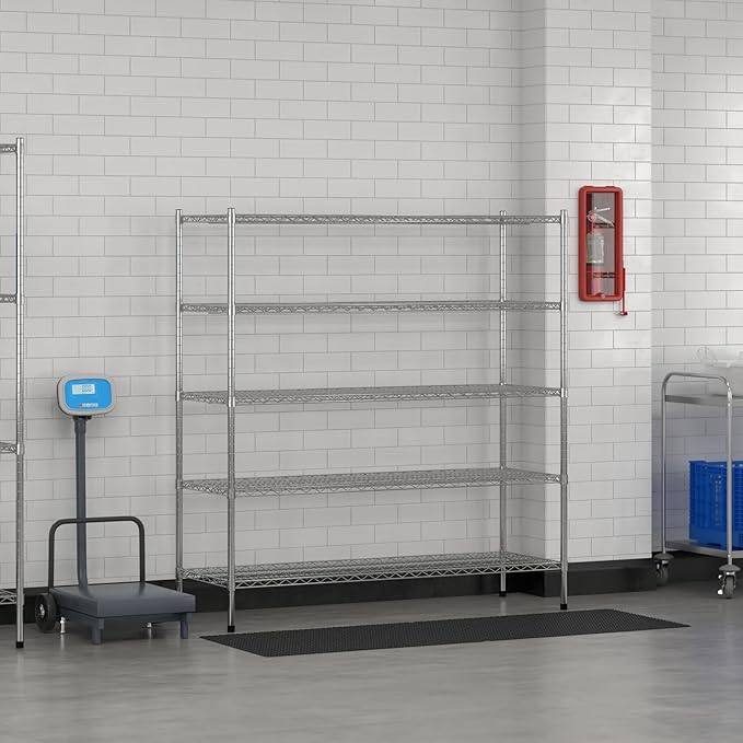 Commercial NSF Listed Chrome Stationary Wire Shelving Kit 21" x 60" x 64", with 5 Shelves Perfect for Warehouse, Walk-in Refrigerator, Freezer, Grocery Store, Restaurant, Dishroom