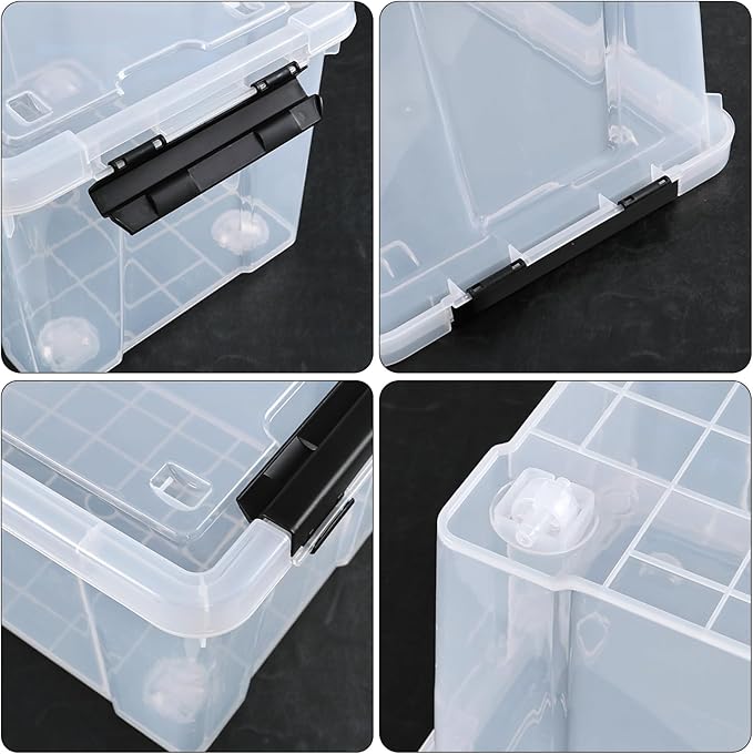 Parlynies 4 Pack 23 L Plastic Latching Storage Box with Wheels, Stackable Container Bin for Holiday Decorations and Accessories, Clear