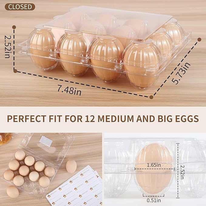 Egg Cartons 60 Pack,Clear Plastic Egg Cartons Cheap Bulk 12 Count For Fresh Chicken Eggs,4x3 Grids Reusable Egg Tray Holder For Refrigerator Storage, Family, Chicken Farm With Label Stickers