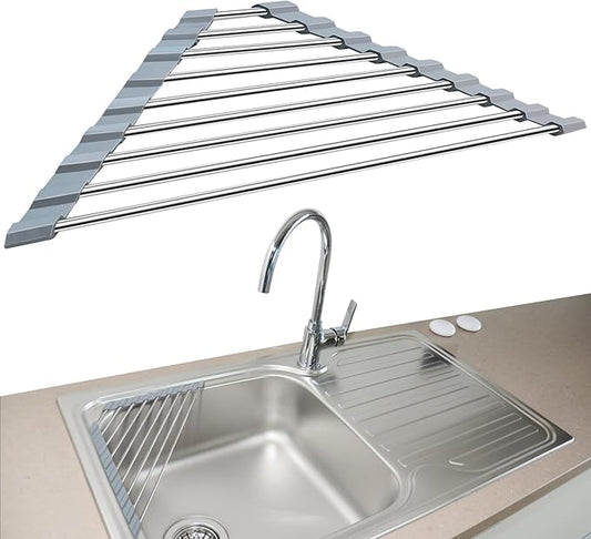 Triangle Roll-Up Dish Drying Rack, 304 Stainless Steel Folding Dish Rack Over Sink Mat Drainer Kitchen Sink Organizer Accessories