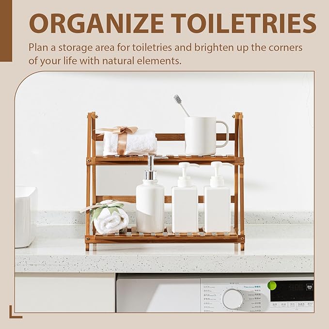 Matcha Station Shelf,15.7'' Coffee Station Organizer, 2 Tiers Bamboo Mug Holder Countertop,Desktop Flower Pot Rack for Home Living Room Window Sill Foldable Display Storage Shelf (Brown)