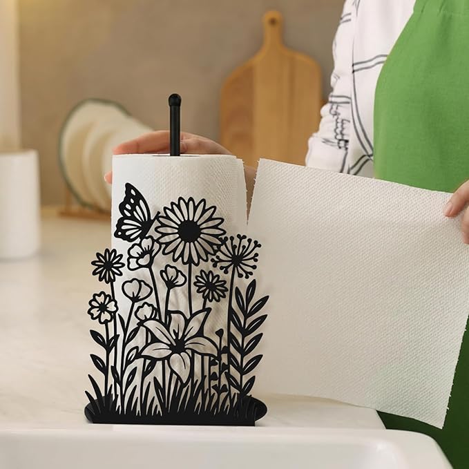 Wildflower Paper Towel Holder Black Metal Paper Towel Holder Large Decorative Tissue Stand Kitchen Decor Accessories for Home Party Bathroom Countertop Dining Table