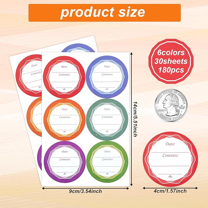 180PCS Removable Mason Jar Lid Labels, Multicolor Labels for Jars Spice Jar Labels 1.57" for Food Containers Spice Jars Kitchen Organization