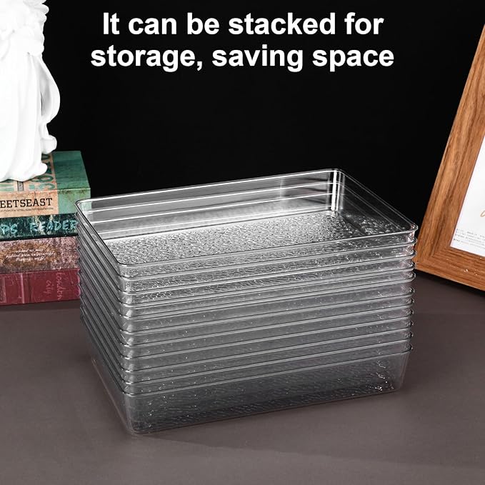 12 Pcs Plastic Drawer Organizer Trays, 12" x 8", Acrylic Organizers with Pebble-textured Clear Desk Storage Tray for Makeup, Jewelries, Kitchen Utensils, Bathroom and Office