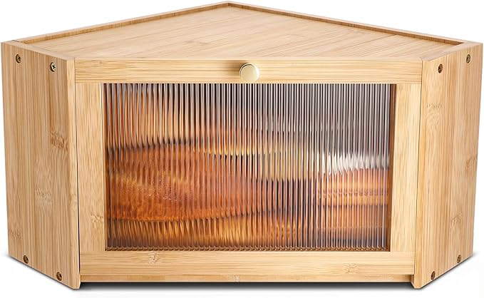 Corner Bread Box for Kitchen Countertop Bamboo Bread Boxes Large Capacity Corner Counter Breadbox Vintage Breads Storage Container with Arcylic Door Breadbox Under Cabinet Mount for Kitchen