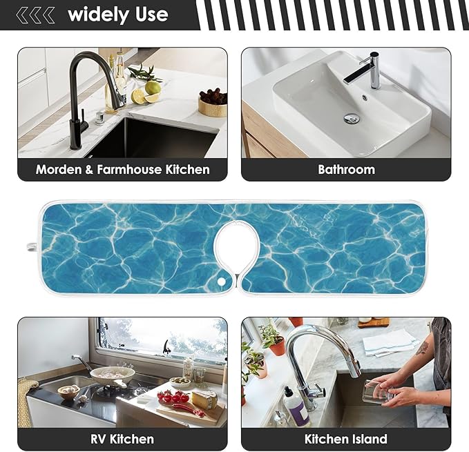 2 PCS Kitchen Sink Splash Guard 30 Inch Faucet Mat for Kitchen Sink Bathroom Sink Faucet Absorbing Drip Drain Mat Pad Microfiber Soft Washable Blue Pool Ripples