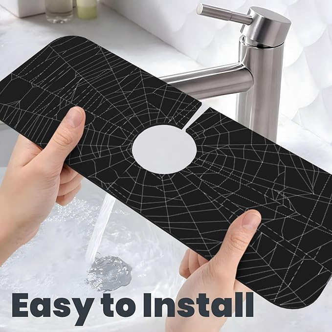 Halloween Black Spider Web Scary Kitchen Sink Splash Guard Faucet Mat 1 Pcs, Absorbent Fast Drying Mat Gadgets Splash Guard For Bathroom 15 X 5.5 Inches