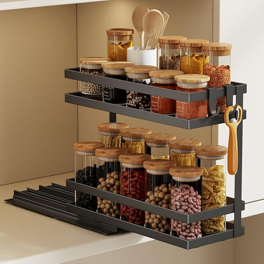 Pull Out Spice Rack Organizer for Cabinet, 1 Pack Metal Seasoning Organizer Slide Out Spice Storage Shelf No Assembly Vertical Spice Rack Pullout for Kitchen & Bahthroom No Drill(2 Tier,Black)